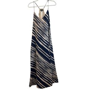 Nicole Miller Women’s Printed Satiny Maxi Dress ret $149 Pockets L Navy Cream